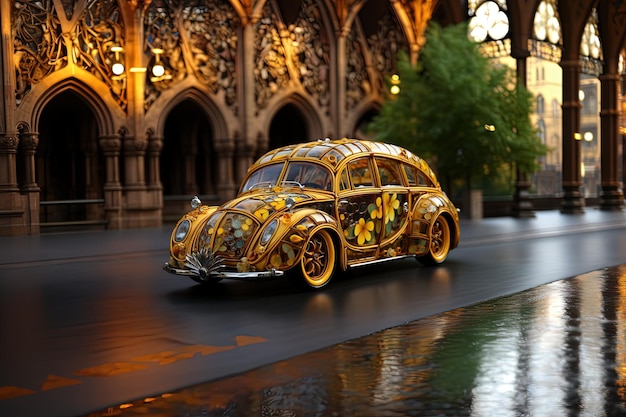 El coche de taxi amarillo inspirado en Gaudi ilustración generativa ai