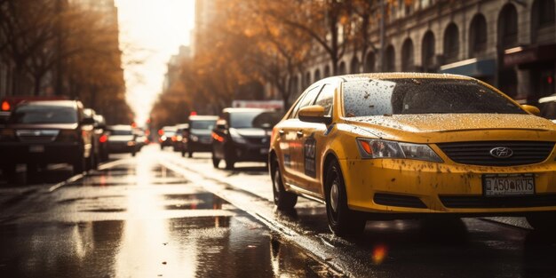 Foto coche de taxi amarillo en el tráfico en una calle de la ciudad cámara lenta ia generativa