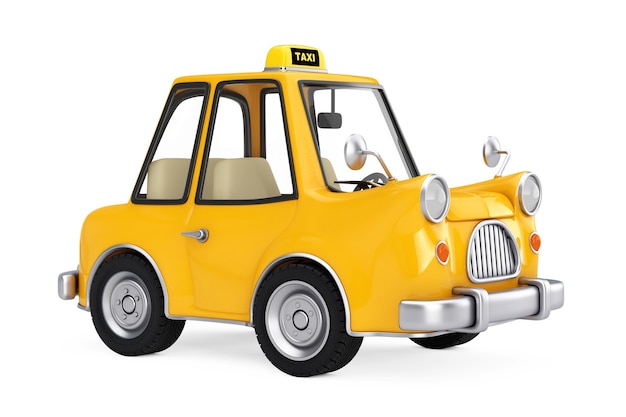 Coche de taxi de dibujos animados amarillo sobre un fondo blanco. Representación 3D