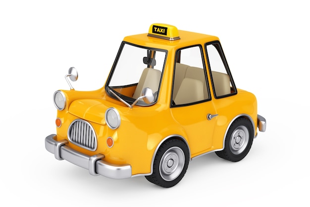 Coche de taxi de dibujos animados amarillo sobre un fondo blanco. Representación 3D