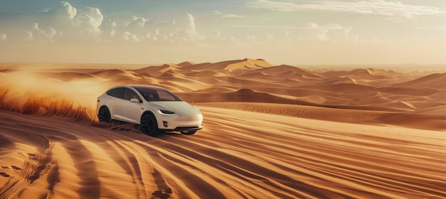 Foto un coche tesla blanco está conduciendo a través de un desierto de arena