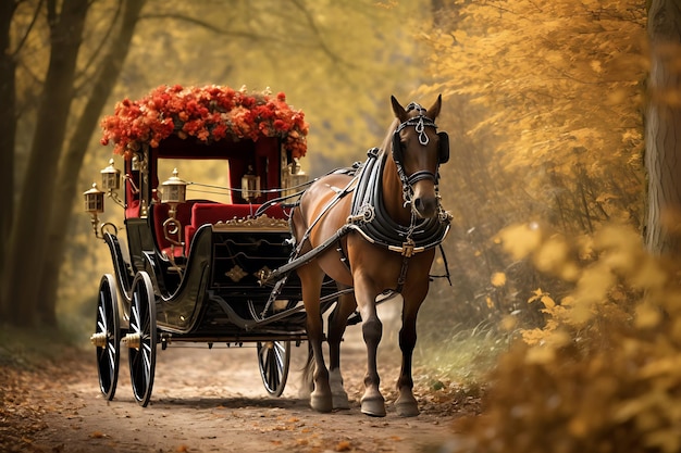 Coche tirado por caballos en un campo de otoño