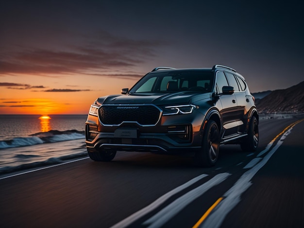 Coche todoterreno en la carretera al atardecer representación 3d