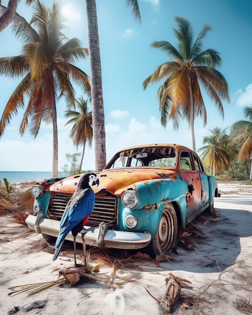 coche todoterreno colorido en la playa con palmeras y vibraciones felices del sol