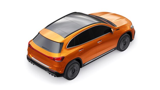 Coche todoterreno eléctrico innovador de la familia naranja sobre una representación 3d de fondo blanco