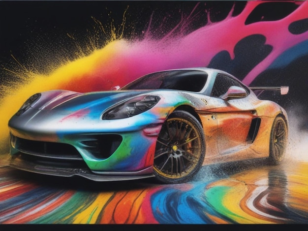 Foto un coche con un trabajo de pintura arco iris en él