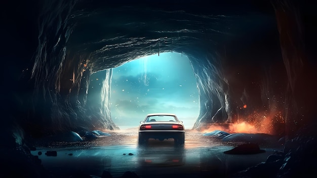 Un coche en un túnel con la palabra trueno en la espalda