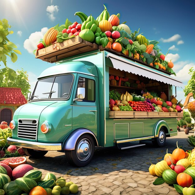 Foto un coche con varias verduras y frutas concepto de comida y nutrición saludable