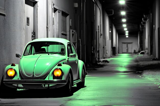 Coche verde antiguo en la calle por la noche Tonado