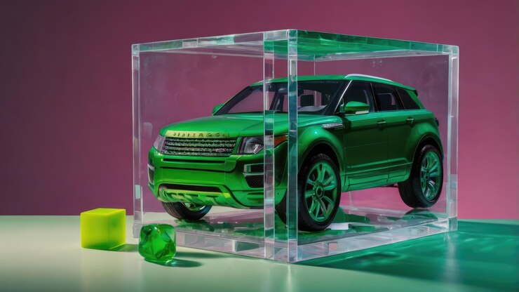 Foto un coche verde con el capó abierto está en un caso claro