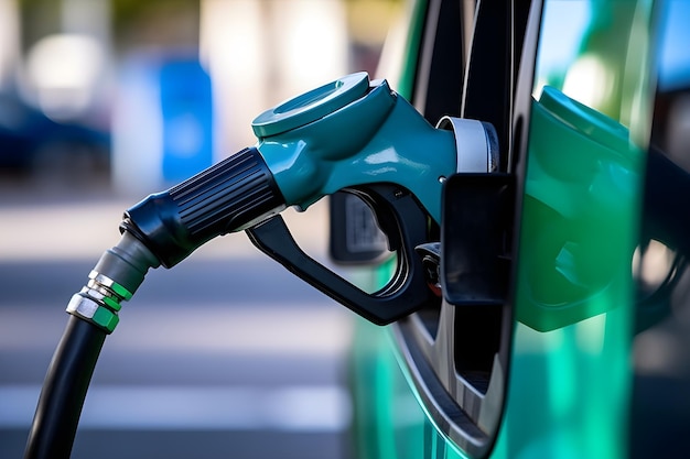 Un coche verde se está llenando con una bomba.