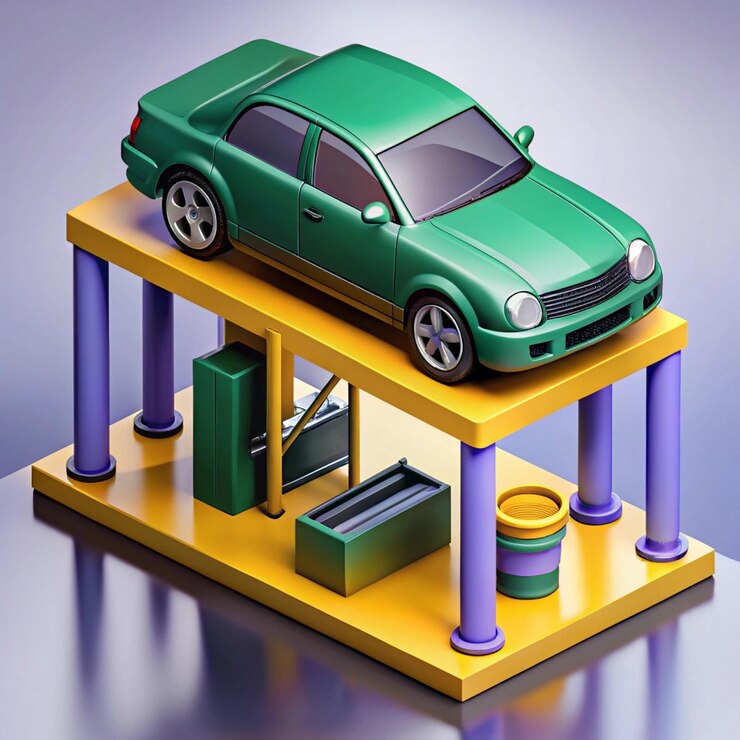 Foto un coche verde está en una plataforma amarilla con un coche verde en él