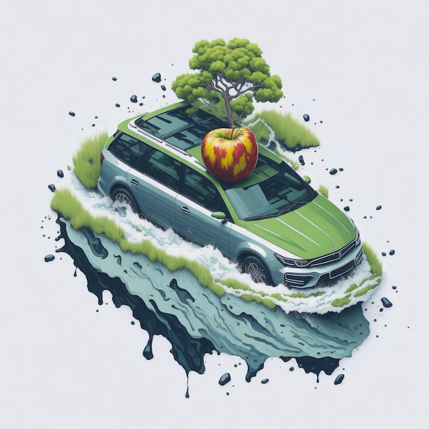 Un coche verde con una manzana encima.