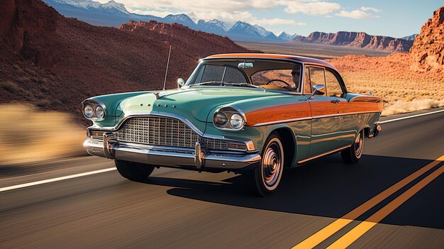 un coche verde y naranja está conduciendo por un camino con montañas en el fondo