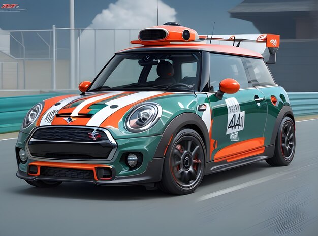 Foto un coche verde y naranja con el número 44 en la parte superior