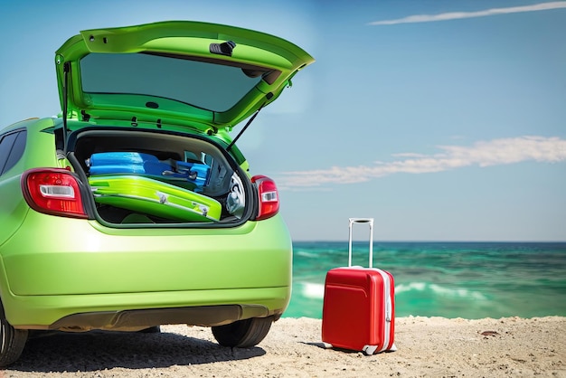 Un coche verde en la playa Concepto de banner de turismo