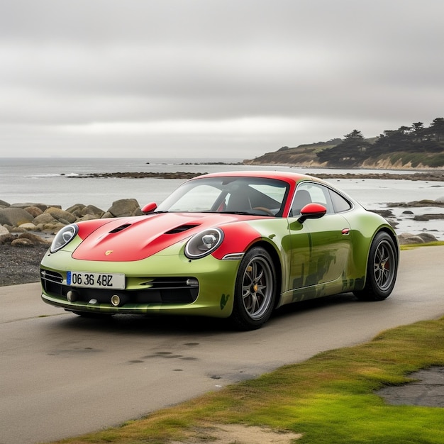 un coche verde y rojo con la matrícula de la matrícula.