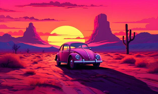 un coche viejo conduce sobre grandes palmeras y la puesta de sol del desierto al estilo de los colores llamativos de vaporwave s