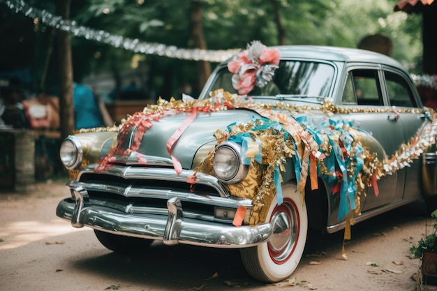 Un coche viejo está bellamente adornado con cintas de colores y serpentinas creando una atmósfera alegre para un evento especial Un coche de boda vintage adornado con cintas y latas Generado por IA