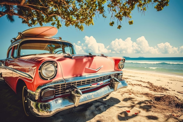 Un coche viejo estacionado en una playa tropical con una canoa en el techo