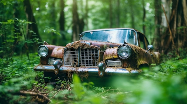 Un coche viejo oxidado en el bosque