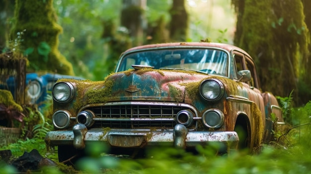 Un coche viejo oxidado en el bosque