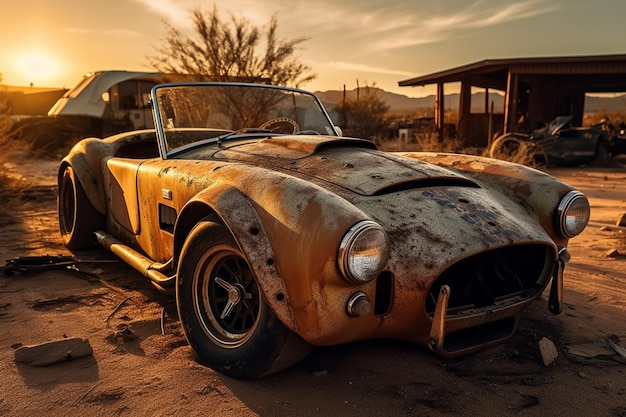 Un coche viejo oxidado se sienta en un desierto con una puesta de sol en el fondo.