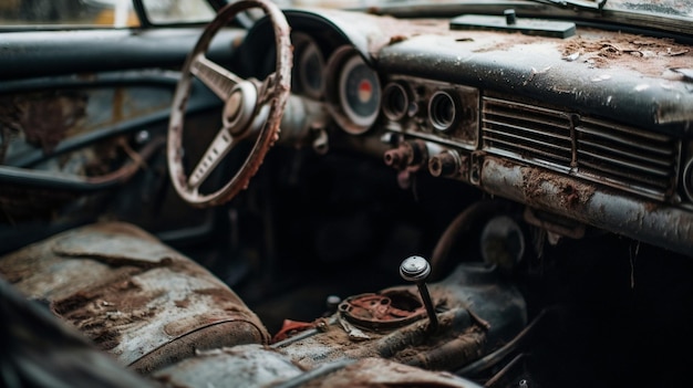 Un coche viejo oxidado con volante y un botón rojo.