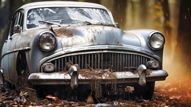 Un coche vintage abandonado en una tala forestal