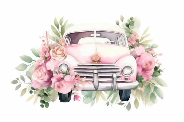 Coche vintage acuarela con flores.