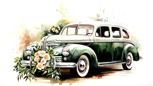 Coche vintage acuarela con ramo de flores sobre fondo de boda blanco