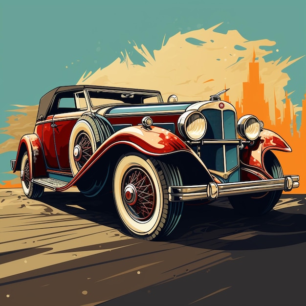 Foto coche vintage en el diseño de dibujos animados