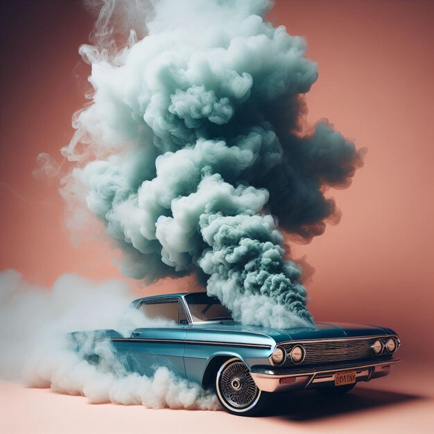 Foto coche vintage ejecutando una deriva de alta velocidad liberando humo denso en un entorno de estudio