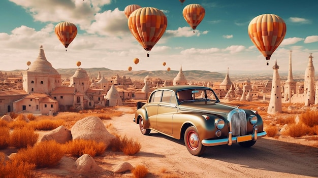 Un coche vintage con globos de aire caliente en el fondo