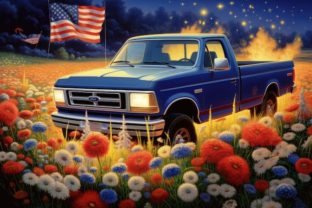 coche vintage en el prado con flores y bandera americana patriótico 1993 Ford F150 en un campo de flores con un retreiver dorado fuegos artificiales en el fondo de la noche estilo Pixar AI generado