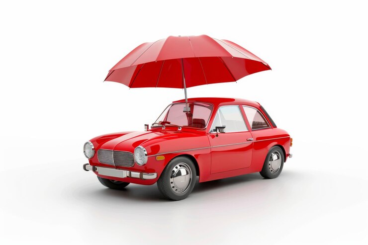 Coche vintage rojo con un gran paraguas rojo que se refleja en una superficie brillante con un fondo transparente