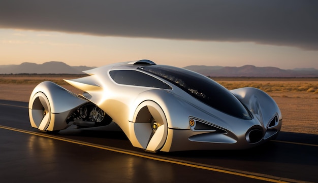 Un coche volador plateado que dice "coche volador" en el lateral