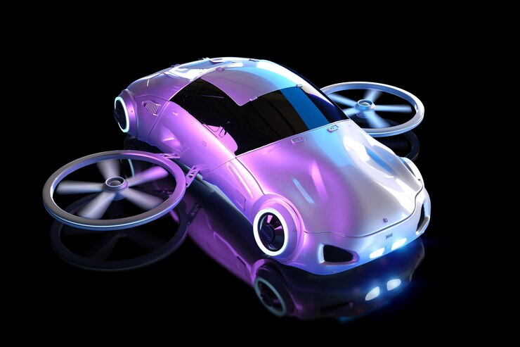 Foto coche volador de renderizado 3d o drone de coche
