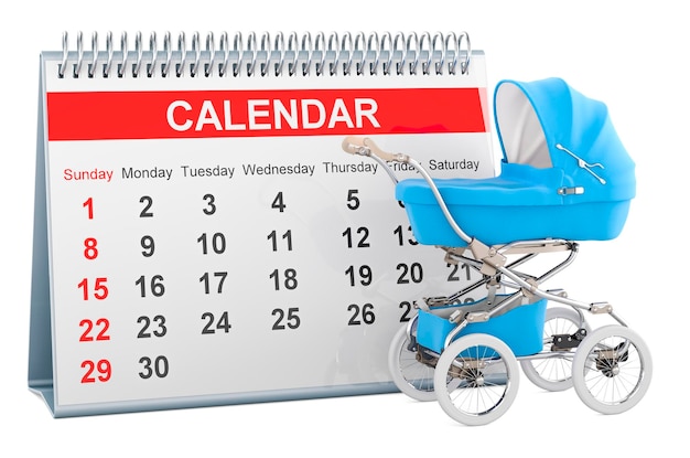 Cochecito de bebé con renderizado 3D de calendario de escritorio