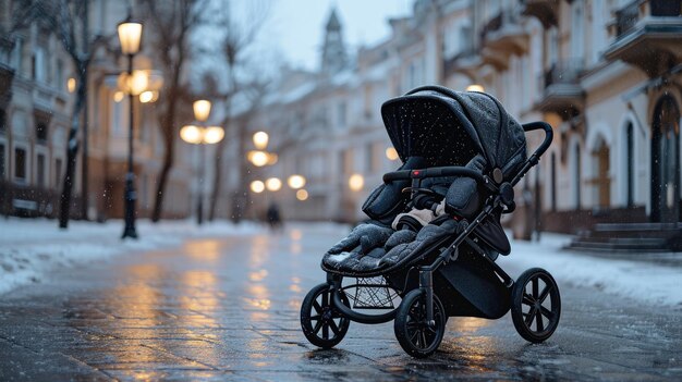 Cochecito para bebés en la calle húmeda Una instantánea de la vida urbana Artículo para bebés