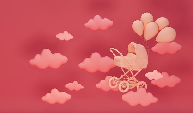 Cochecito y globos flotantes rodeados de nubes y estrellas en un render 3d de fondo rosa pastel