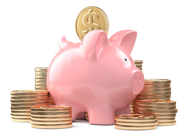 Cochera y pilas de monedas de oro aisladas en blanco Concepto de ahorro e inversiones financieras