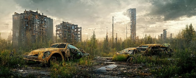 Coches abandonados oxidados contra el fondo de casas de panel vacías destruidas postapocalipsis ilustración 3d