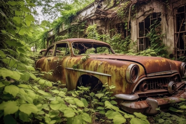 Foto coches abandonados oxidados cubiertos de plantas y enredaderas demasiado grandes creados con ia generativa