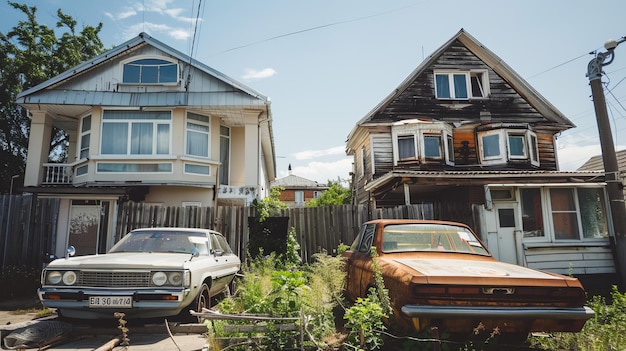 Foto coches antiguos estacionados en fila frente a una casa de madera