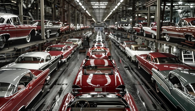 Coches antiguos en una línea de ensamblaje en un entorno de fábrica Historia clásica del automóvil e industrial