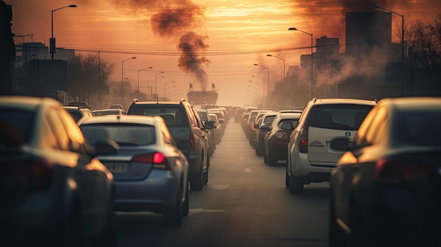 Coches en un atasco de tráfico vistos a través de tubos de escape llenos de vapor