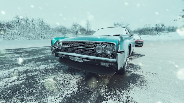 Coches azules clásicos y estaciones nevadas. Render 3D e ilustración.