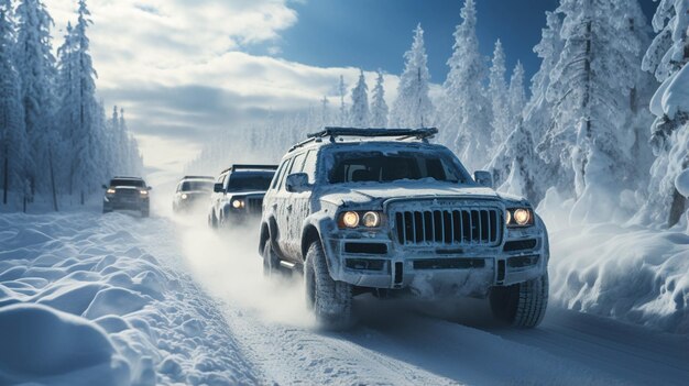 Coches y camiones conduciendo sobre nieve con copos de nieve.