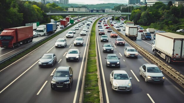 Foto coches y camiones corriendo en la autopista de varios carriles en la circunvalación de turín, italia